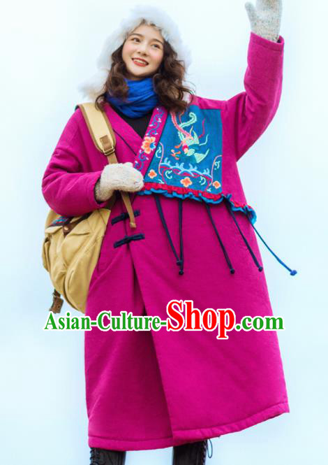 Chinese Traditional Embroidered Rosy Cotton Padded Coat National Overcoat Costumes for Women