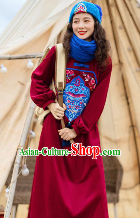 Chinese Traditional Embroidered Wine Red Corduroy Dress National Tang Suit Costumes for Women