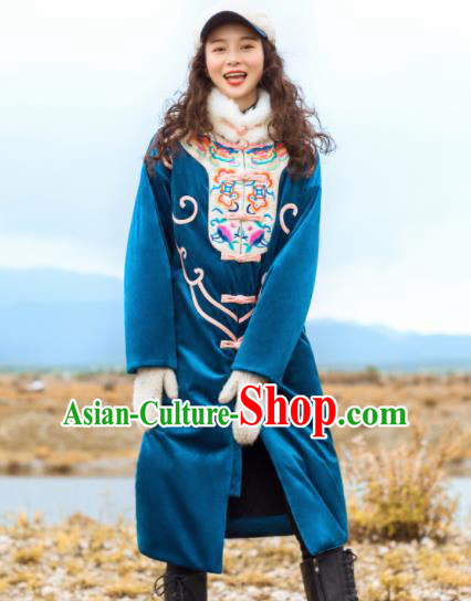 Chinese Traditional Winter Embroidered Blue Dust Coat National Tang Suit Overcoat Costumes for Women