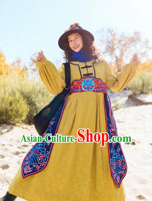 Chinese Traditional Embroidered Dragon Yellow Dress National Tang Suit Costumes for Women