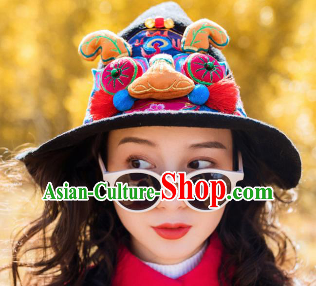 Chinese Traditional Embroidered Tiger Black Hat National Wizard Hat for Women