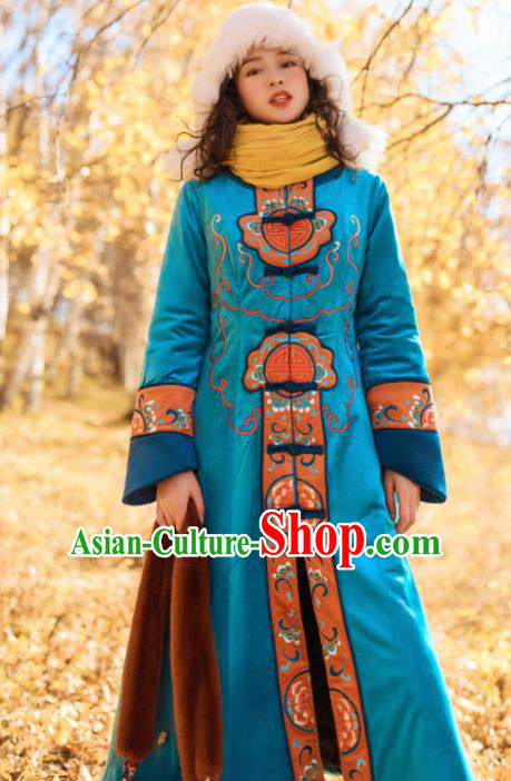 Chinese Traditional Winter Embroidered Blue Velvet Dust Coat National Tang Suit Overcoat Costumes for Women