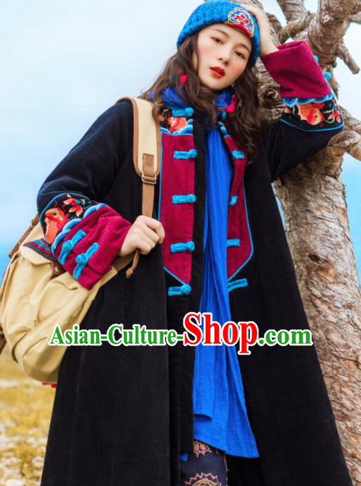 Chinese Traditional Winter Embroidered Black Dust Coat National Tang Suit Overcoat Costumes for Women