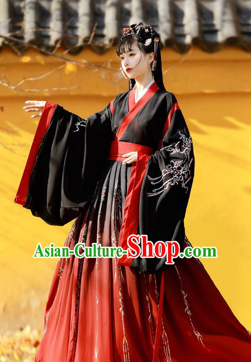 Traditional Chinese Jin Dynasty Patrician Lady Black Hanfu Dress Ancient Royal Princess Embroidered Costumes for Women