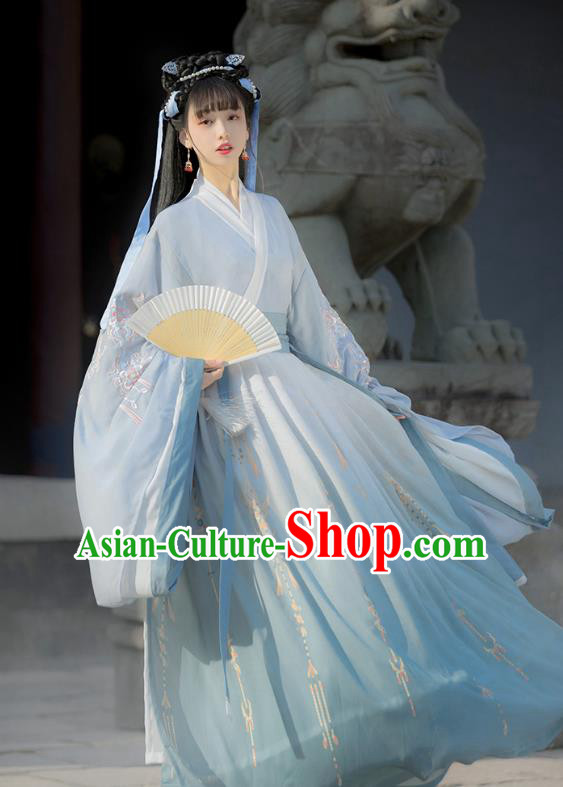 Traditional Chinese Jin Dynasty Blue Hanfu Dress Ancient Palace Princess Costumes for Women