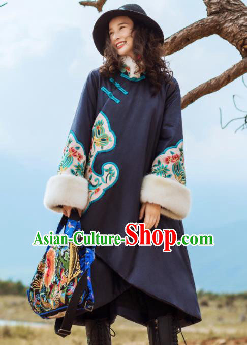 Chinese Traditional Winter Embroidered Navy Dust Coat National Tang Suit Overcoat Costumes for Women