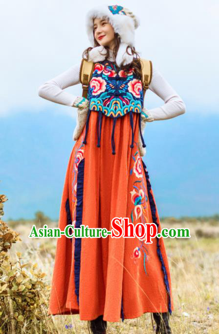 Chinese Traditional Embroidered Orange Vest Dress National Tang Suit Costumes for Women