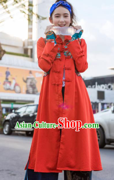 Chinese Traditional Embroidered Red Long Blouse National Upper Outer Garment Tang Suit Costume for Women