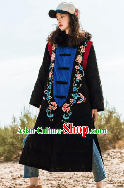 Chinese Traditional Winter Embroidered Black Cotton Padded Coat National Tang Suit Overcoat Costumes for Women