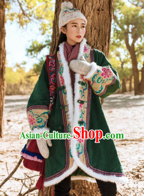 Chinese Traditional Winter Embroidered Green Cotton Padded Coat National Tang Suit Overcoat Costumes for Women