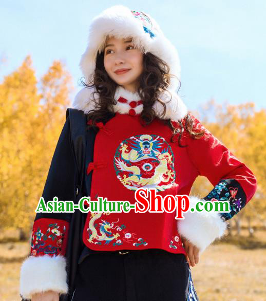 Chinese Traditional Winter Embroidered Red Cotton Padded Jacket National Tang Suit Overcoat Costumes for Women