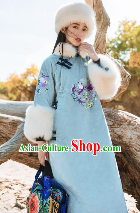 Chinese Traditional Winter Embroidered Blue Cotton Padded Dust Coat National Tang Suit Overcoat Costumes for Women