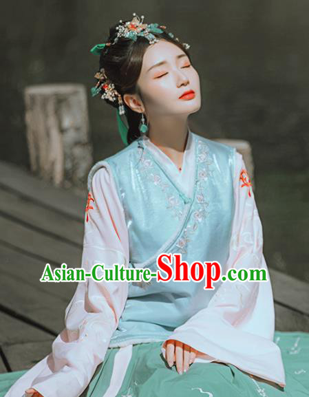 Chinese Traditional Embroidered Blue Vest National Upper Outer Garment Tang Suit Costume for Women