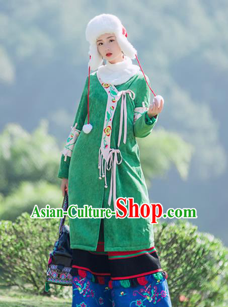 Chinese Traditional Winter Embroidered Green Corduroy Cotton Padded Coat National Tang Suit Overcoat Costumes for Women