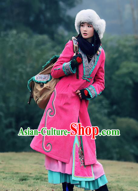 Chinese Traditional Winter Embroidered Rosy Cotton Padded Coat National Tang Suit Overcoat Costumes for Women