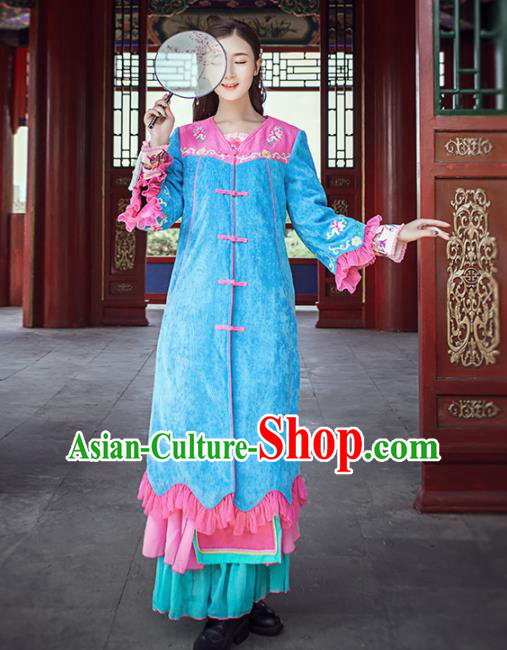 Chinese Traditional Winter Embroidered Blue Cotton Padded Coat National Tang Suit Overcoat Costumes for Women