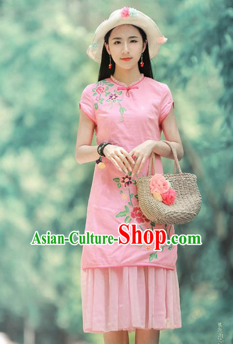 Chinese Traditional Embroidered Peony Pink Qipao Dress National Tang Suit Cheongsam Costumes for Women