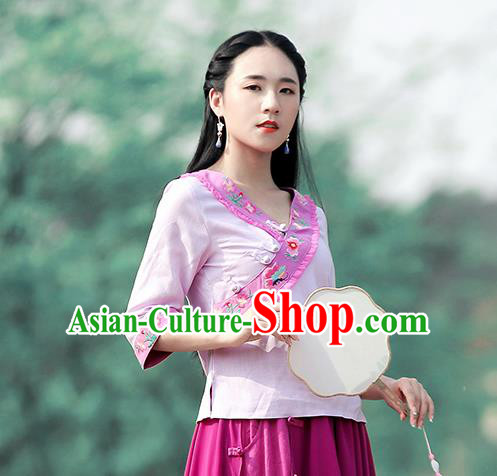 Chinese Traditional Embroidered Light Purple Shirt National Upper Outer Garment Tang Suit Costume for Women