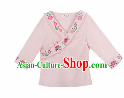 Chinese Traditional Embroidered Light Pink Shirt National Upper Outer Garment Tang Suit Costume for Women