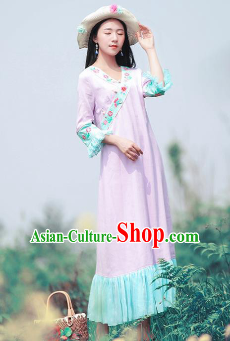 Chinese Traditional Embroidered Lilac Dress National Tang Suit Cheongsam Costumes for Women