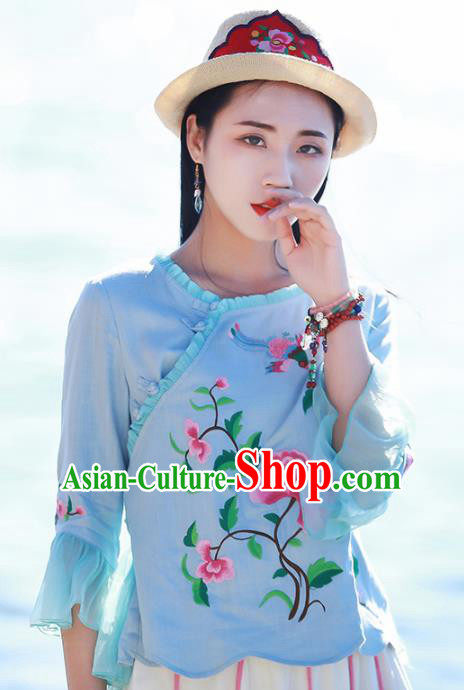 Chinese Traditional Embroidered Peony Blue Shirt National Upper Outer Garment Tang Suit Costume for Women