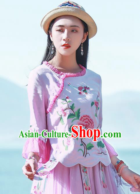 Chinese Traditional Embroidered Peony Pink Shirt National Upper Outer Garment Tang Suit Costume for Women