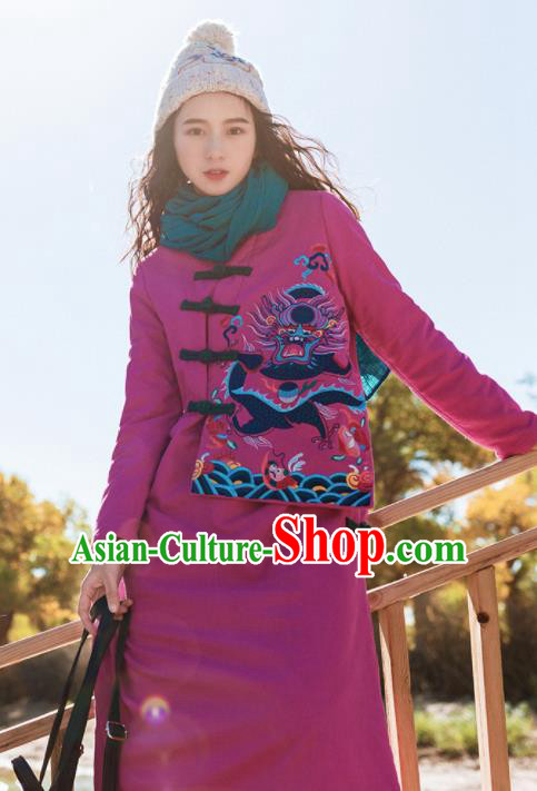 Chinese Traditional Winter Embroidered Rosy Cotton Padded Dust Coat National Tang Suit Overcoat Costumes for Women