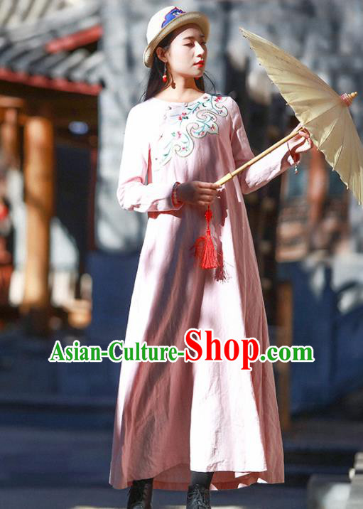 Chinese Traditional Embroidered Pink Qipao Dress National Tang Suit Cheongsam Costumes for Women