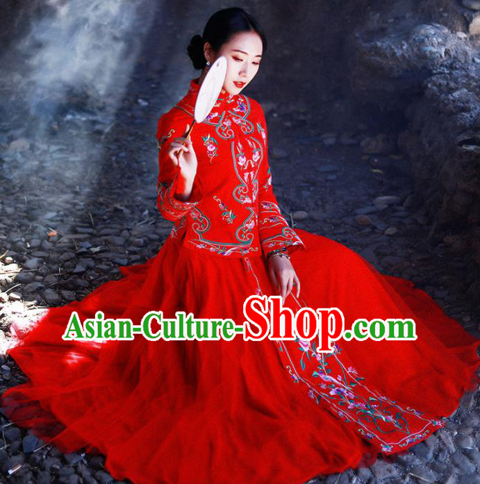 Chinese Traditional Embroidered Red Blouse and Skirt National Tang Suit Cheongsam Costumes for Women