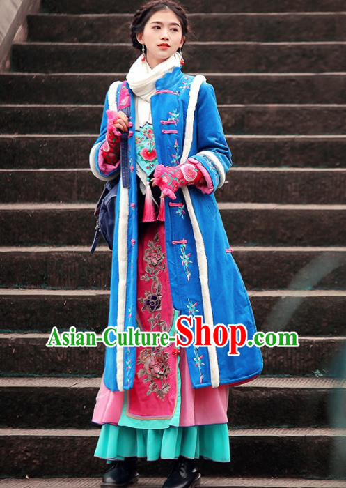 Chinese Traditional Winter Embroidered Blue Corduroy Cotton Padded Coat National Tang Suit Overcoat Costumes for Women