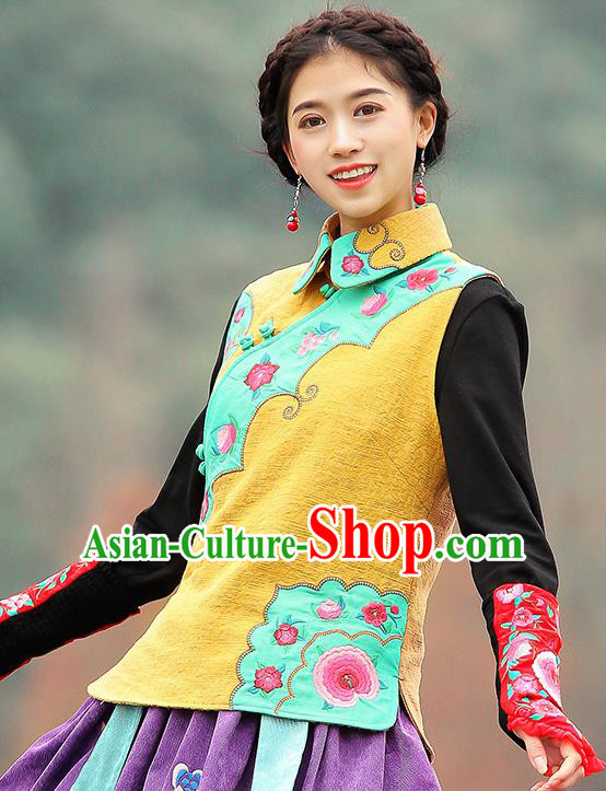 Chinese Traditional Embroidered Yellow Vest National Upper Outer Garment Tang Suit Costume for Women