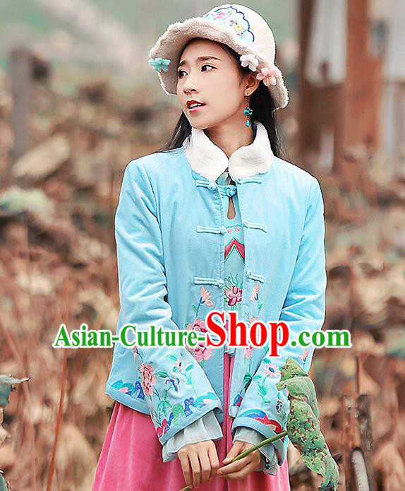 Chinese Traditional Winter Embroidered Blue Cotton Padded Jacket National Tang Suit Overcoat Costumes for Women