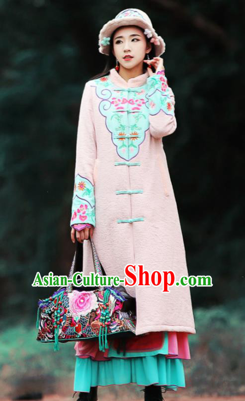 Chinese Traditional Winter Embroidered Pink Cotton Padded Coat National Tang Suit Overcoat Costumes for Women