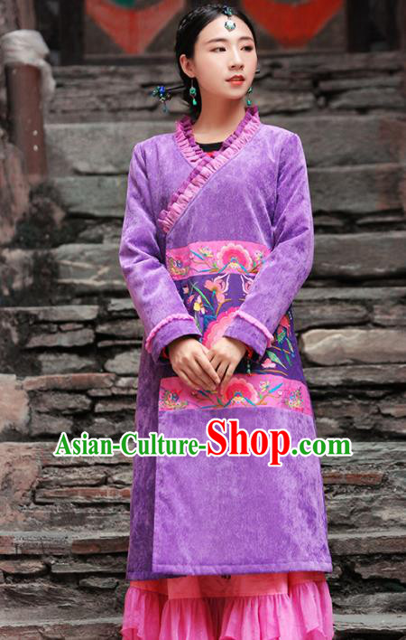 Chinese Traditional Winter Embroidered Purple Cotton Padded Coat National Tang Suit Overcoat Costumes for Women