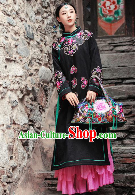 Chinese Traditional Winter Embroidered Black Cotton Padded Coat National Tang Suit Overcoat Costumes for Women