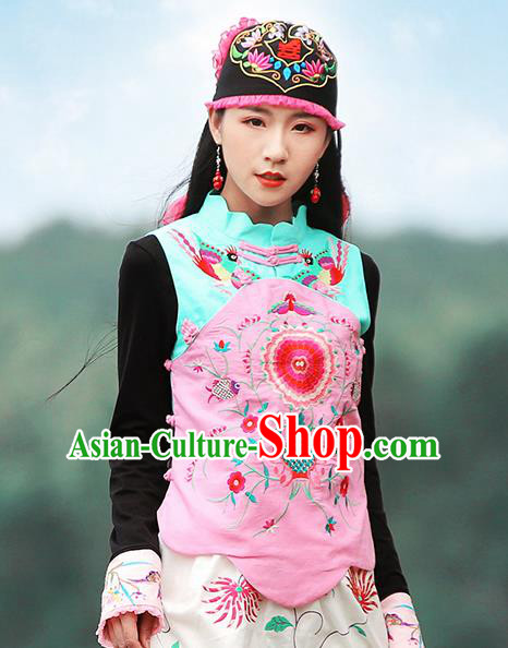 Chinese Traditional Embroidered Pink Waistcoat National Upper Outer Garment Tang Suit Costume for Women