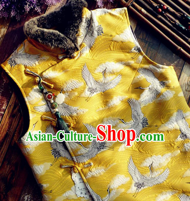 Chinese Traditional Embroidered Crane Yellow Waistcoat National Upper Outer Garment Tang Suit Vest Costume for Women