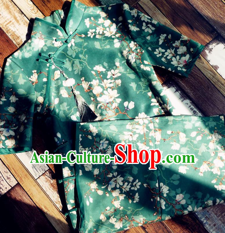 Chinese Traditional Printing Magnolia Green Qipao Dress National Tang Suit Cheongsam Costumes for Women