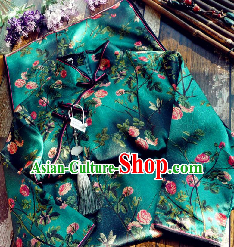 Chinese Traditional Printing Peony Deep Green Qipao Dress National Tang Suit Cheongsam Costumes for Women