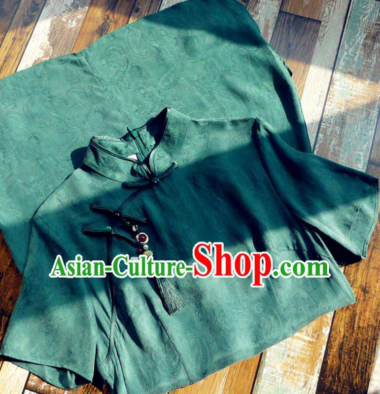 Chinese Traditional Green Silk Qipao Dress National Tang Suit Cheongsam Costumes for Women