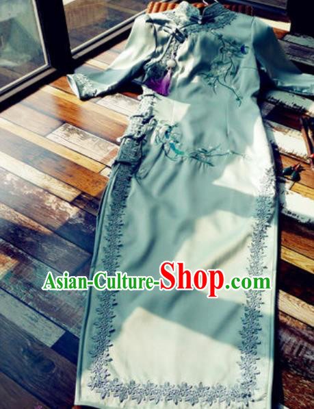 Chinese Traditional Embroidered Plum Green Silk Qipao Dress National Tang Suit Cheongsam Costumes for Women
