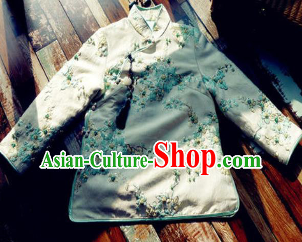 Chinese Traditional Winter Embroidered Green Cotton Padded Jacket National Tang Suit Overcoat Costumes for Women