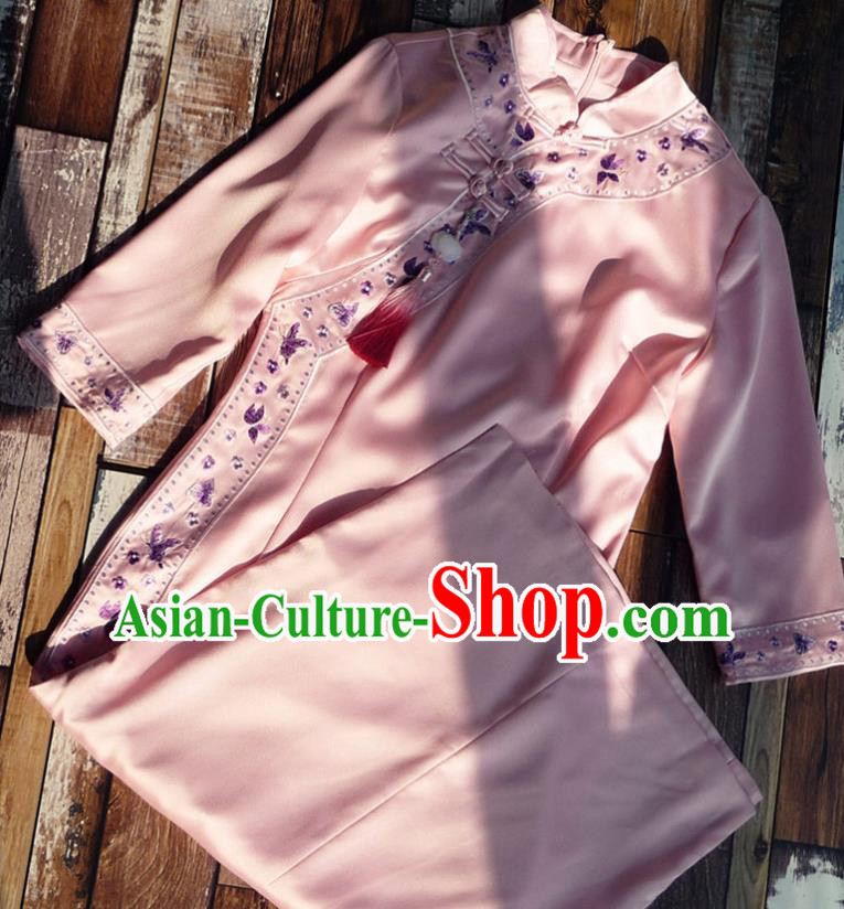 Chinese Traditional Embroidered Pink Qipao Dress National Tang Suit Cheongsam Costumes for Women