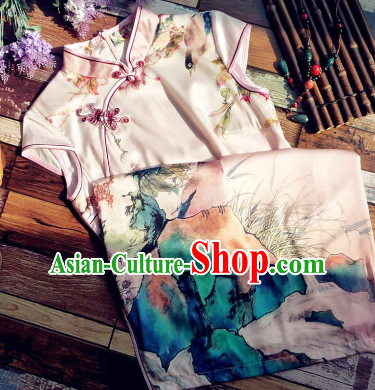 Chinese Traditional Printing Peony Pink Silk Qipao Dress National Tang Suit Cheongsam Costumes for Women