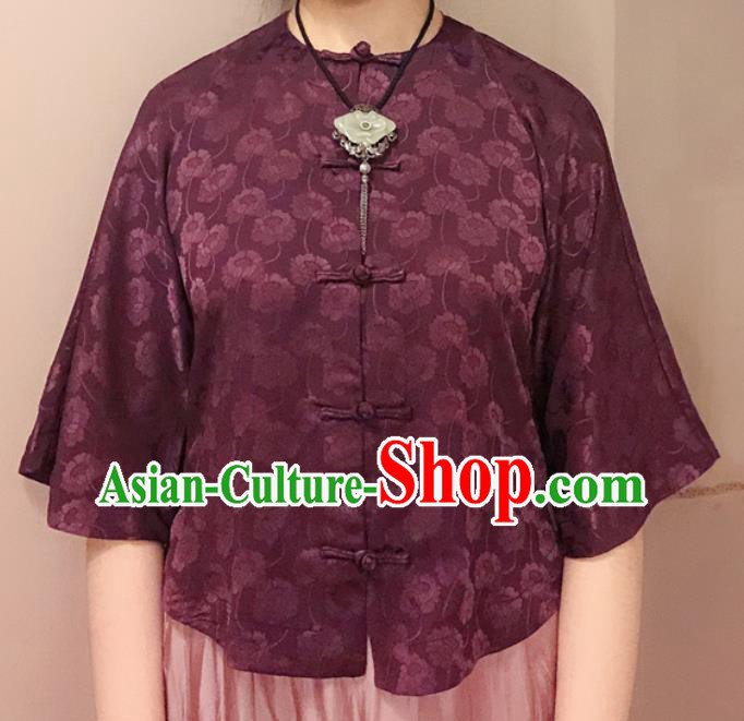 Chinese Traditional Jacquard Purple Shirt National Upper Outer Garment Tang Suit Blouse Costume for Women