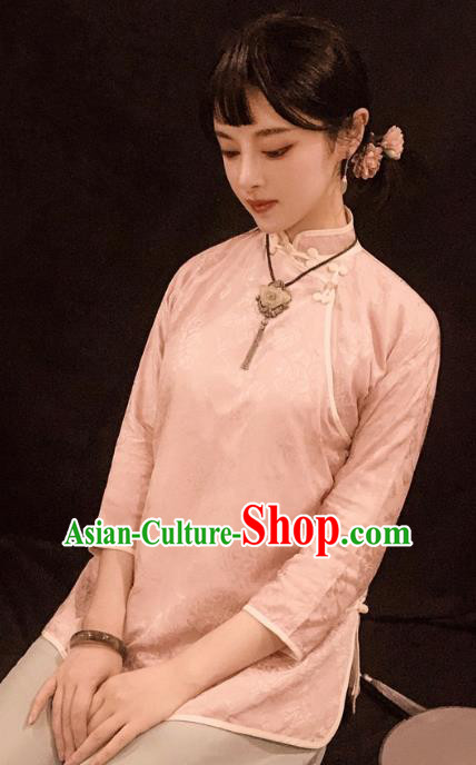 Chinese Traditional Jacquard Pink Shirt National Upper Outer Garment Tang Suit Blouse Costume for Women