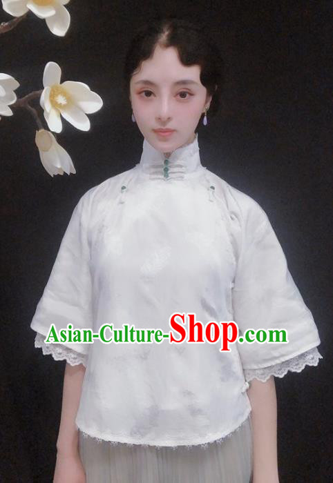 Chinese Traditional Tang Suit White Lace Shirt National Upper Outer Garment Blouse Costume for Women
