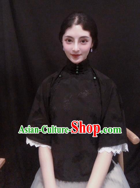 Chinese Traditional Tang Suit Black Lace Shirt National Upper Outer Garment Blouse Costume for Women