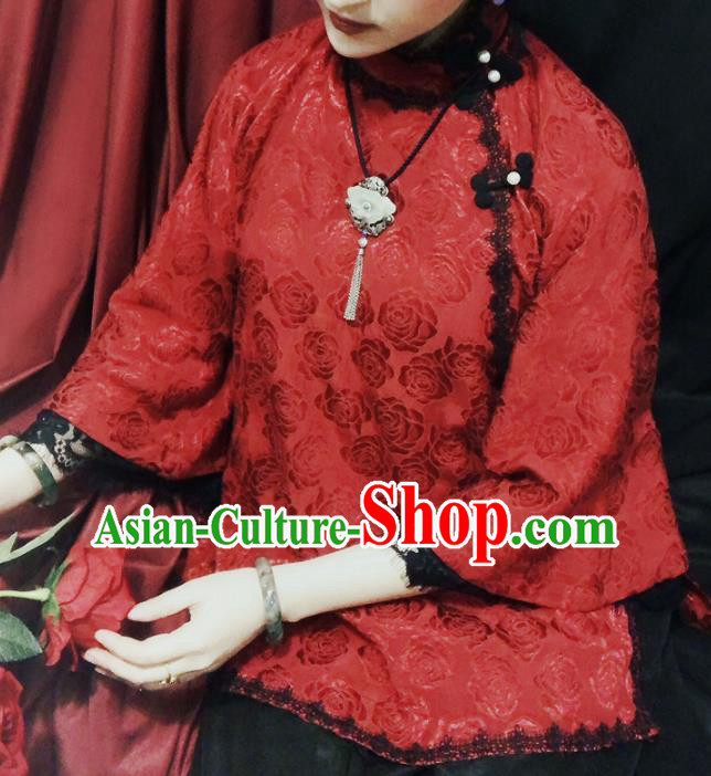 Chinese Traditional Tang Suit Jacquard Roses Red Shirt National Upper Outer Garment Blouse Costume for Women