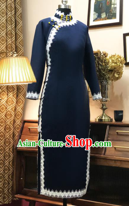 Chinese Traditional Navy Woolen Qipao Dress National Tang Suit Cheongsam Costumes for Women